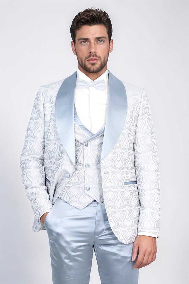 WSS Wavy Patterned Shawl Collar Vested Ice Blue Tuxedo  - Finglas