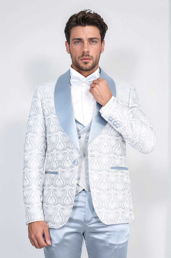 WSS Wavy Patterned Shawl Collar Vested Ice Blue Tuxedo  - Finglas