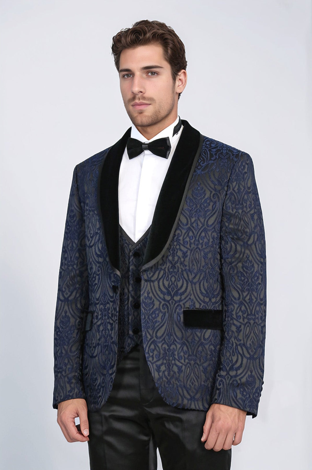 WSS Baroque Patterned Velvet Shawl Collar Vested Navy Blue Tuxedo  - Drogheda