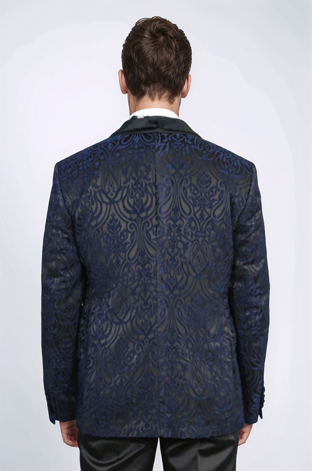 WSS Baroque Patterned Velvet Shawl Collar Vested Navy Blue Tuxedo  - Drogheda