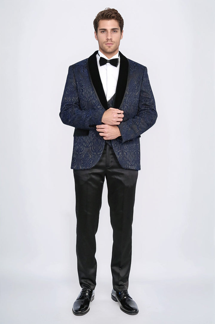 WSS Baroque Patterned Velvet Shawl Collar Vested Navy Blue Tuxedo  - Drogheda