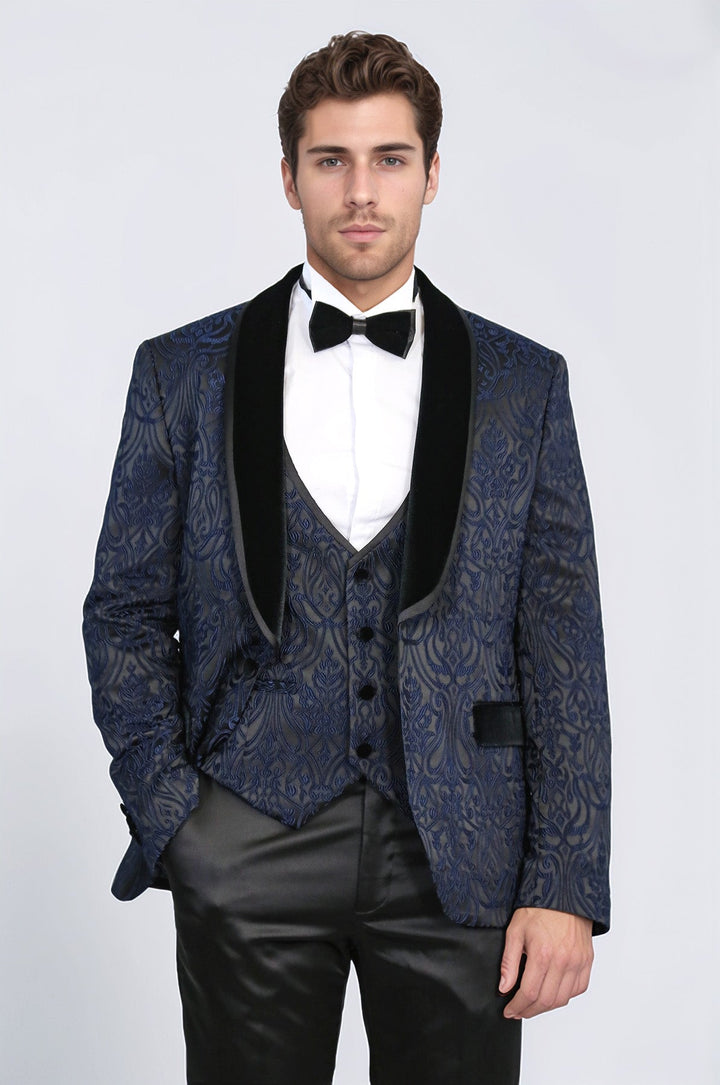 WSS Baroque Patterned Velvet Shawl Collar Vested Navy Blue Tuxedo  - Drogheda