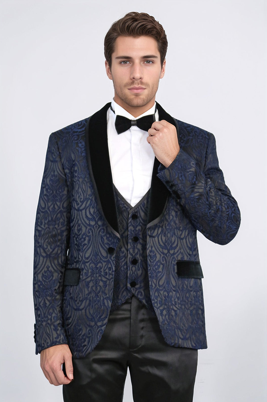 WSS Baroque Patterned Velvet Shawl Collar Vested Navy Blue Tuxedo  - Drogheda