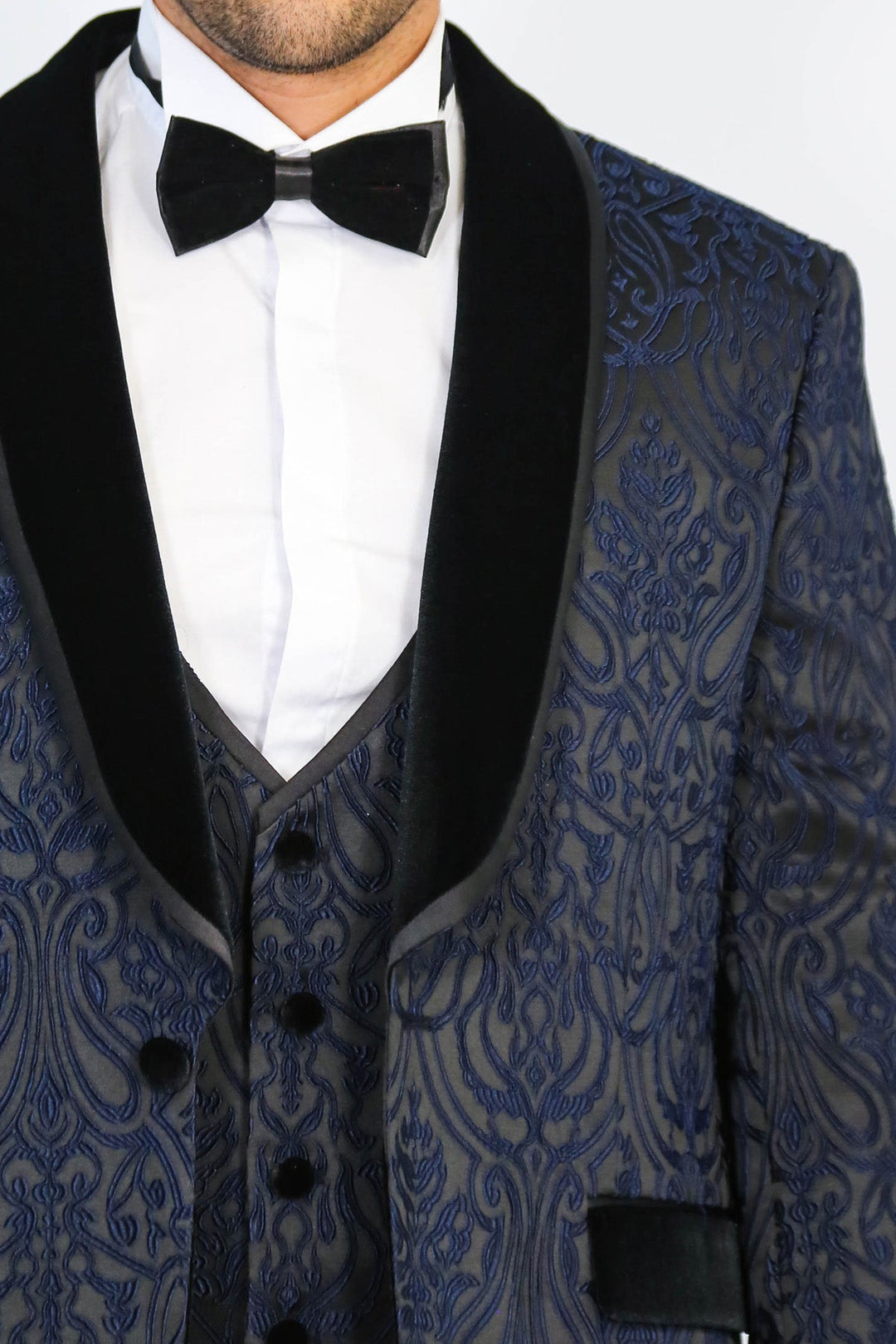 WSS Baroque Patterned Velvet Shawl Collar Vested Navy Blue Tuxedo  - Drogheda