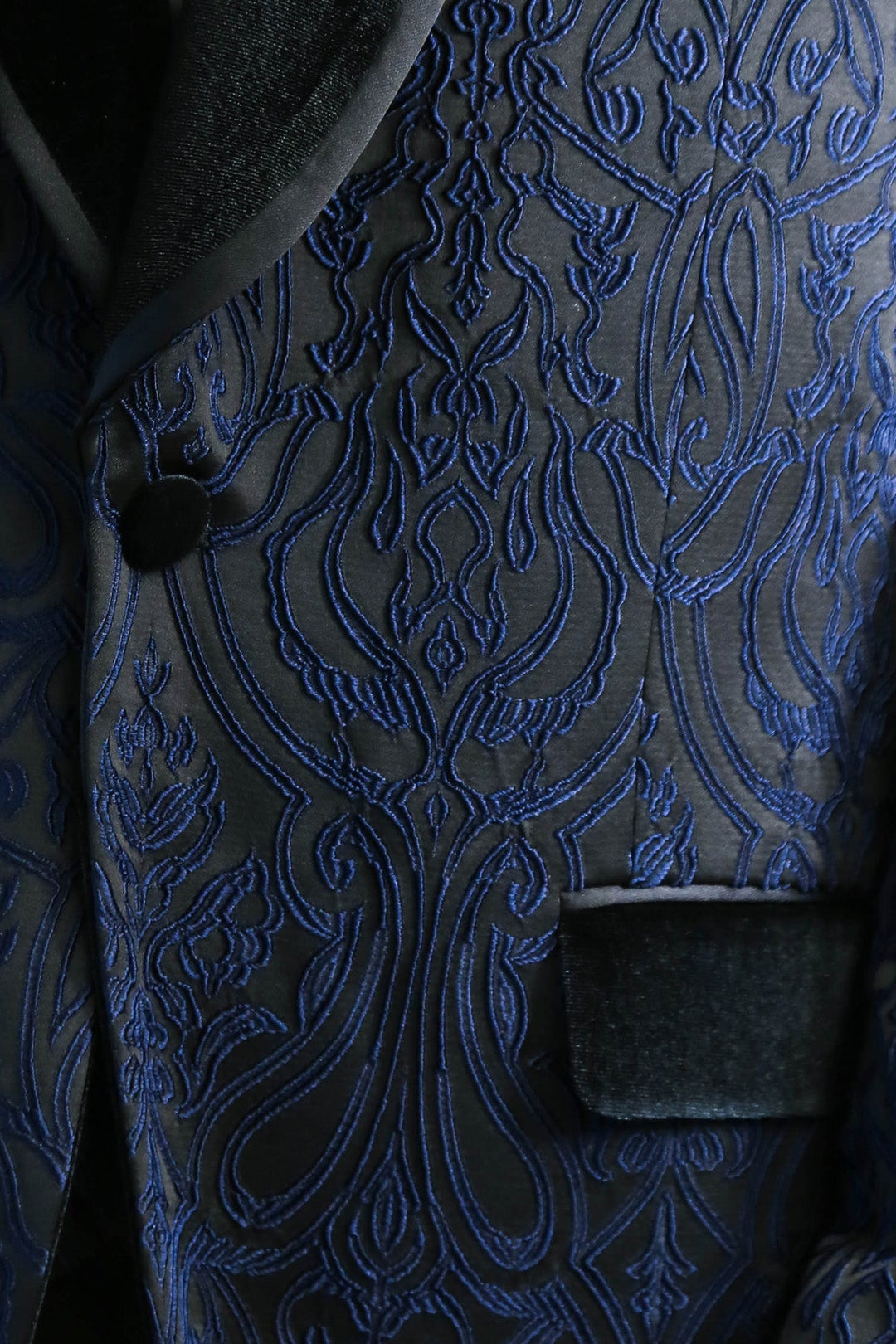 WSS Baroque Patterned Velvet Shawl Collar Vested Navy Blue Tuxedo  - Drogheda