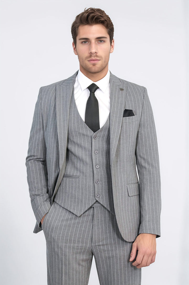 WSS Striped Single Button with Vested Gray Mens Suit  - Oosterhout