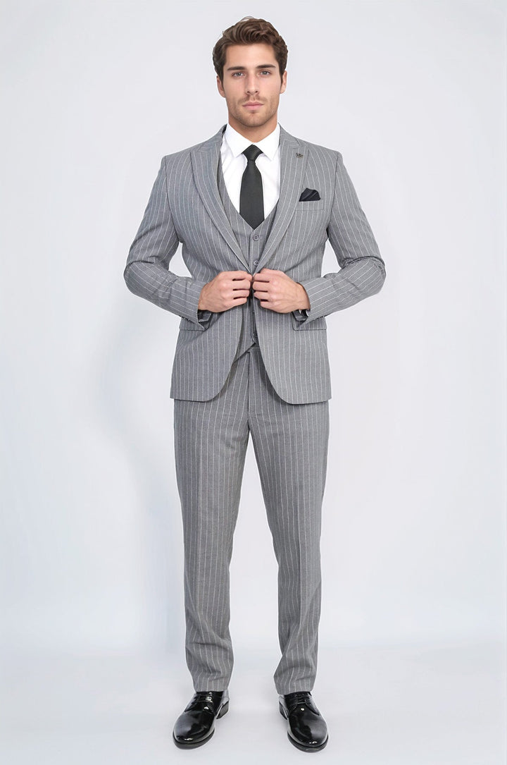 WSS Striped Single Button with Vested Gray Mens Suit  - Oosterhout