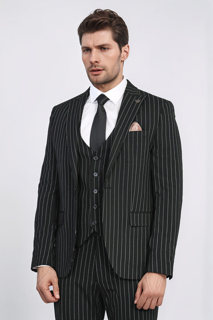 WSS Striped Single Button with Vested Black Mens Suit  - Würselen