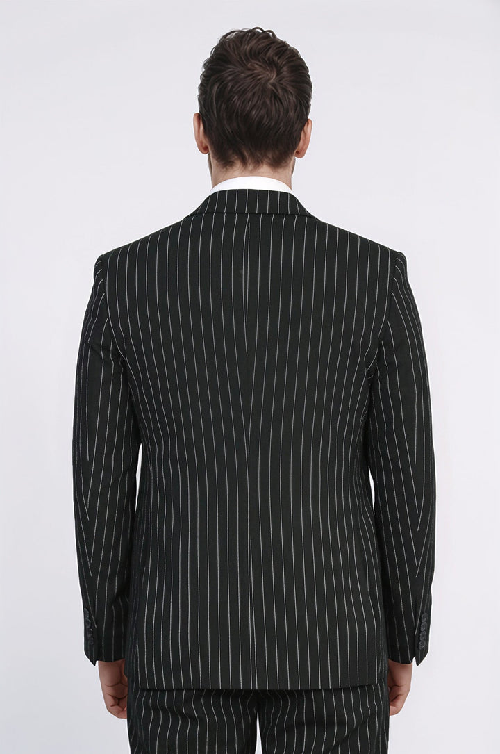 WSS Striped Single Button with Vested Black Mens Suit  - Würselen