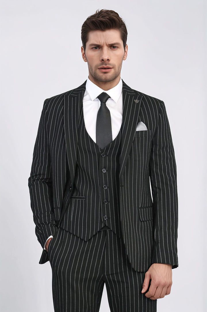 WSS Striped Single Button with Vested Black Mens Suit  - Würselen