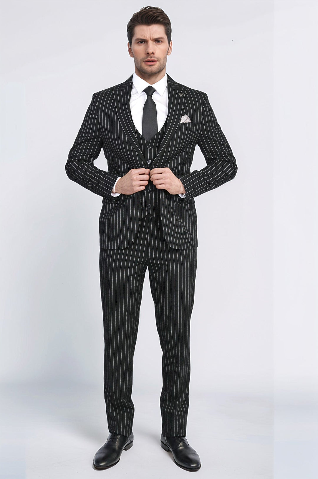 WSS Striped Single Button with Vested Black Mens Suit  - Würselen