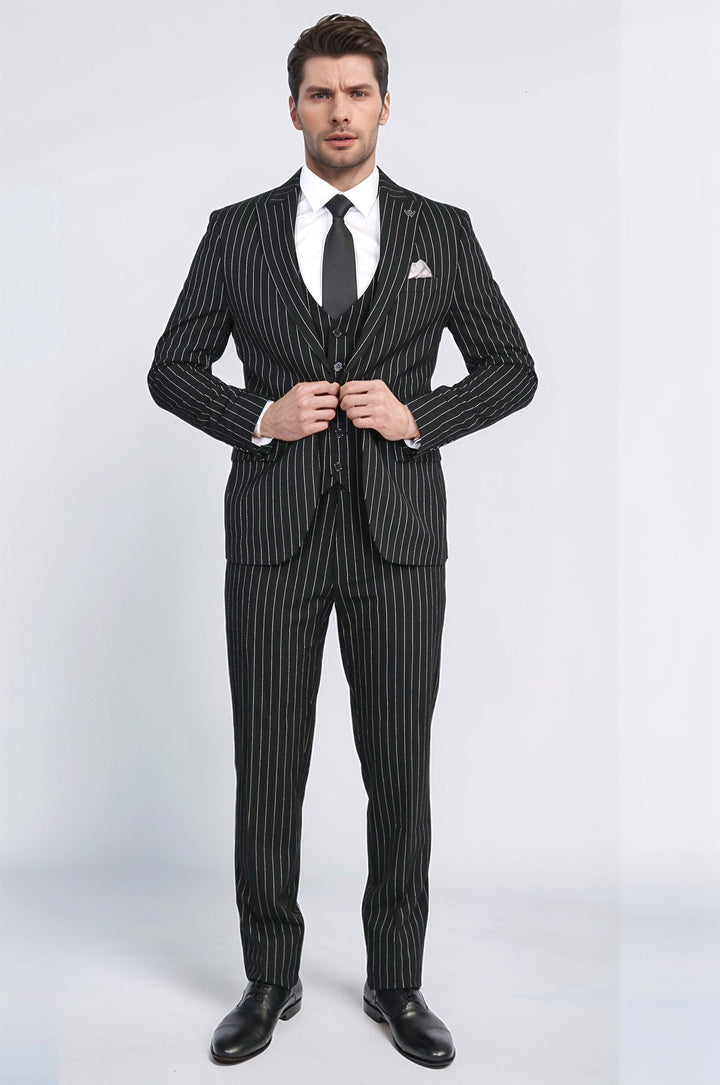 WSS Striped Single Button with Vested Black Mens Suit  - Würselen