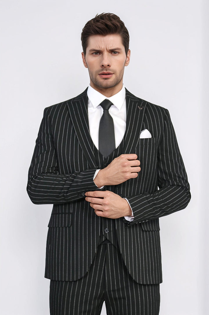 WSS Striped Single Button with Vested Black Mens Suit  - Würselen