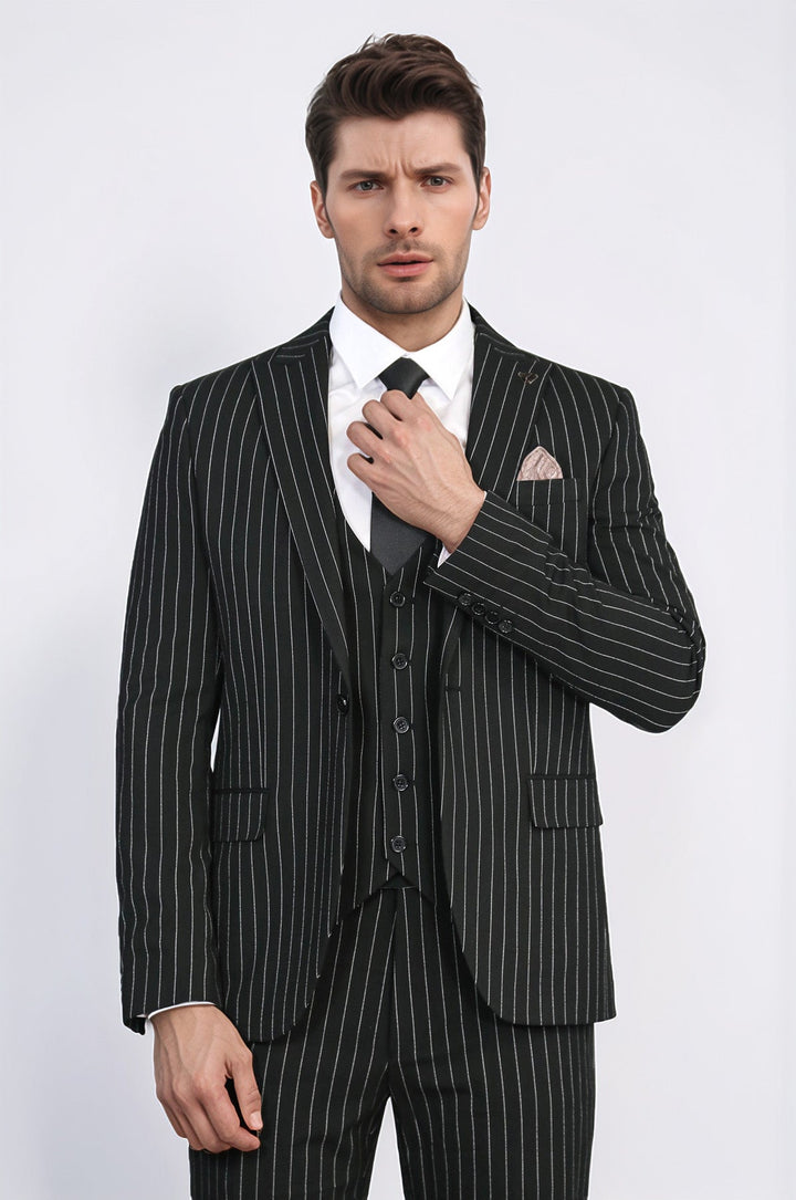 WSS Striped Single Button with Vested Black Mens Suit  - Würselen