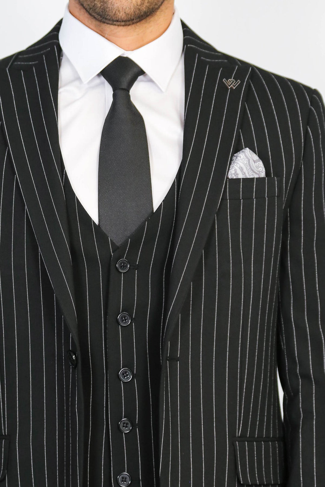 WSS Striped Single Button with Vested Black Mens Suit  - Würselen
