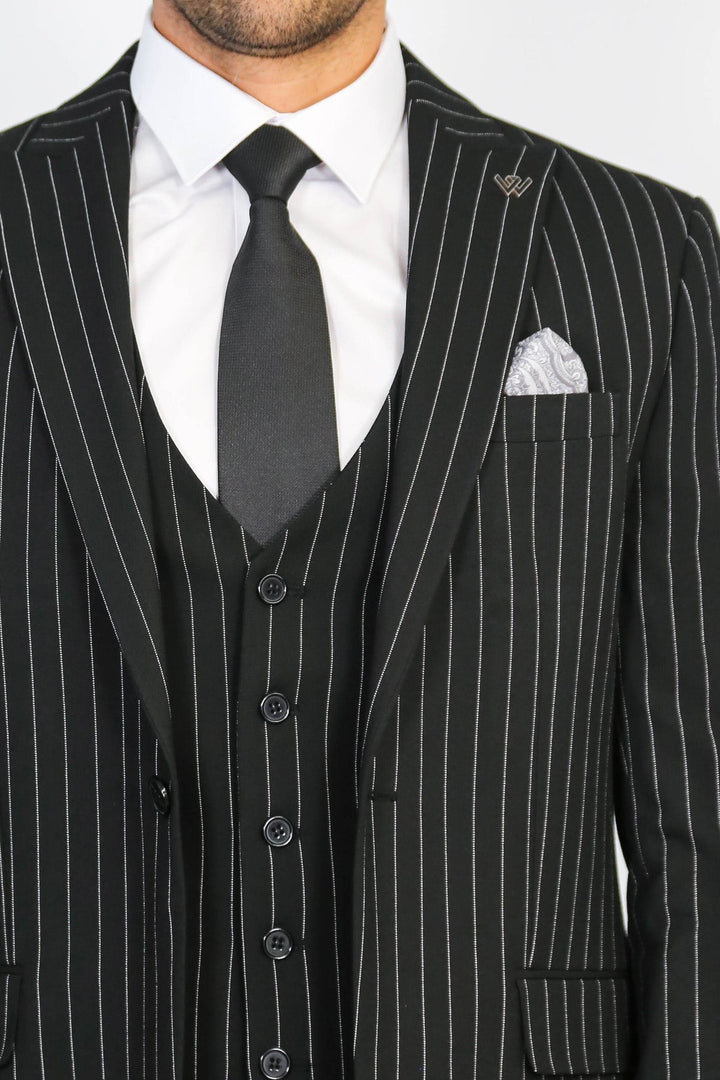 WSS Striped Single Button with Vested Black Mens Suit  - Würselen