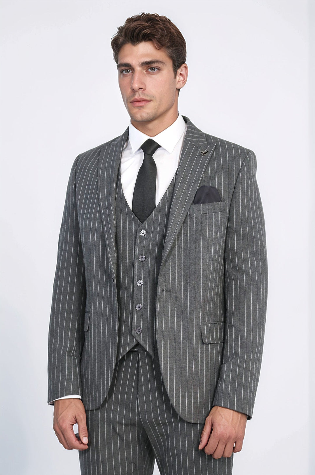 WSS Striped Single Button with Vested Anthracite Men’s Suit  - Bazal’tove