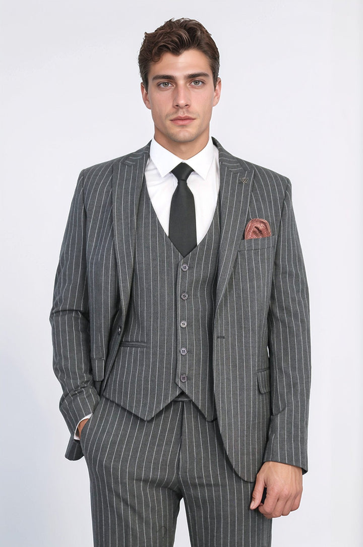 WSS Striped Single Button with Vested Anthracite Men’s Suit  - Bazal’tove