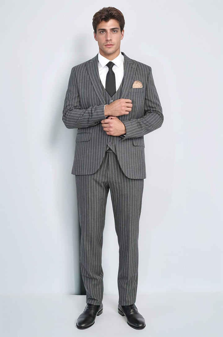 WSS Striped Single Button with Vested Anthracite Men’s Suit  - Bazal’tove