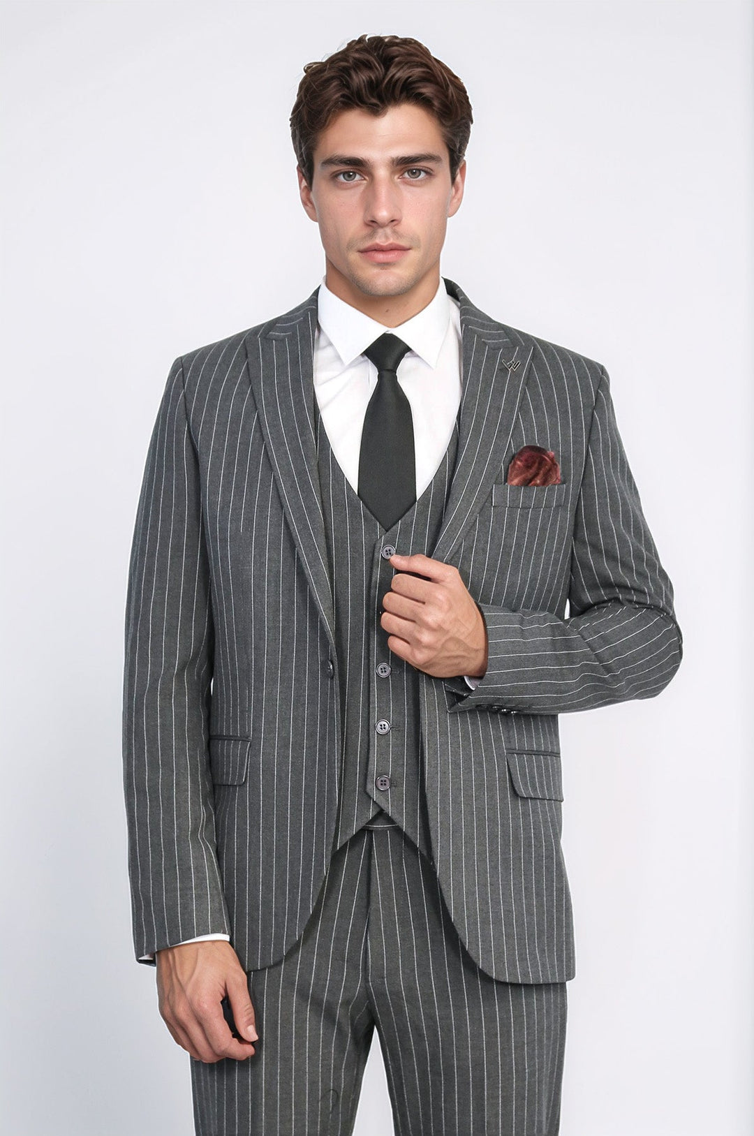 WSS Striped Single Button with Vested Anthracite Men’s Suit  - Bazal’tove