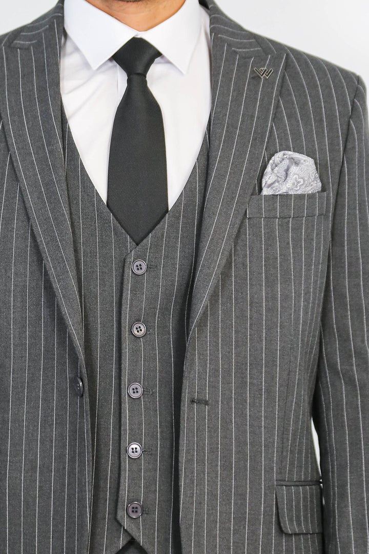 WSS Striped Single Button with Vested Anthracite Men’s Suit  - Bazal’tove