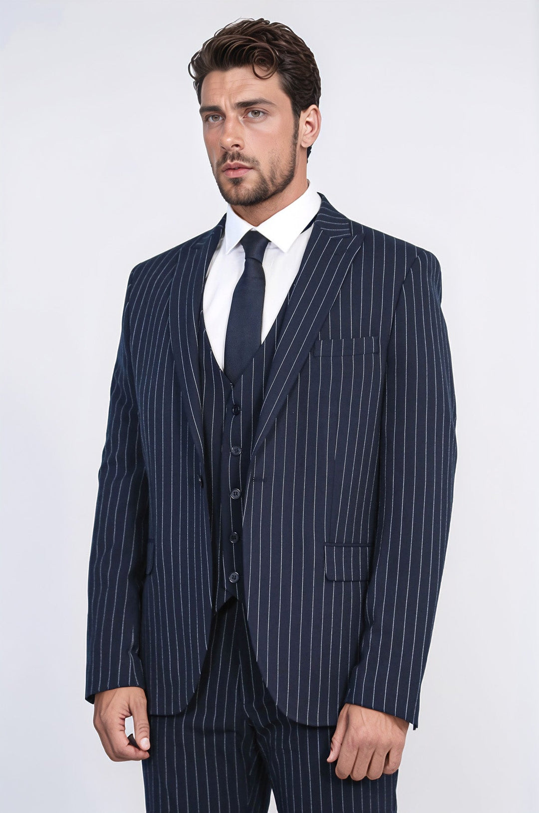 WSS Striped Single Button with Vested Navy Blue Mens Suit  - Maricopa