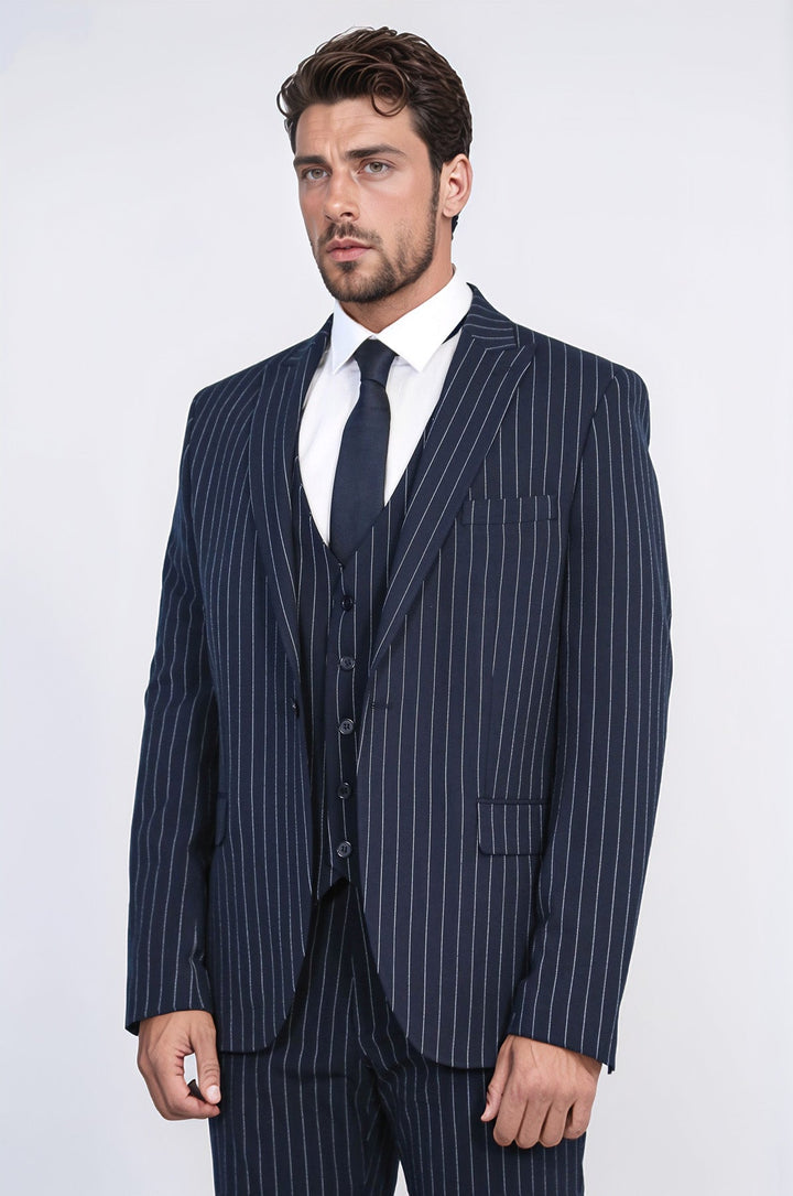 WSS Striped Single Button with Vested Navy Blue Mens Suit  - Maricopa
