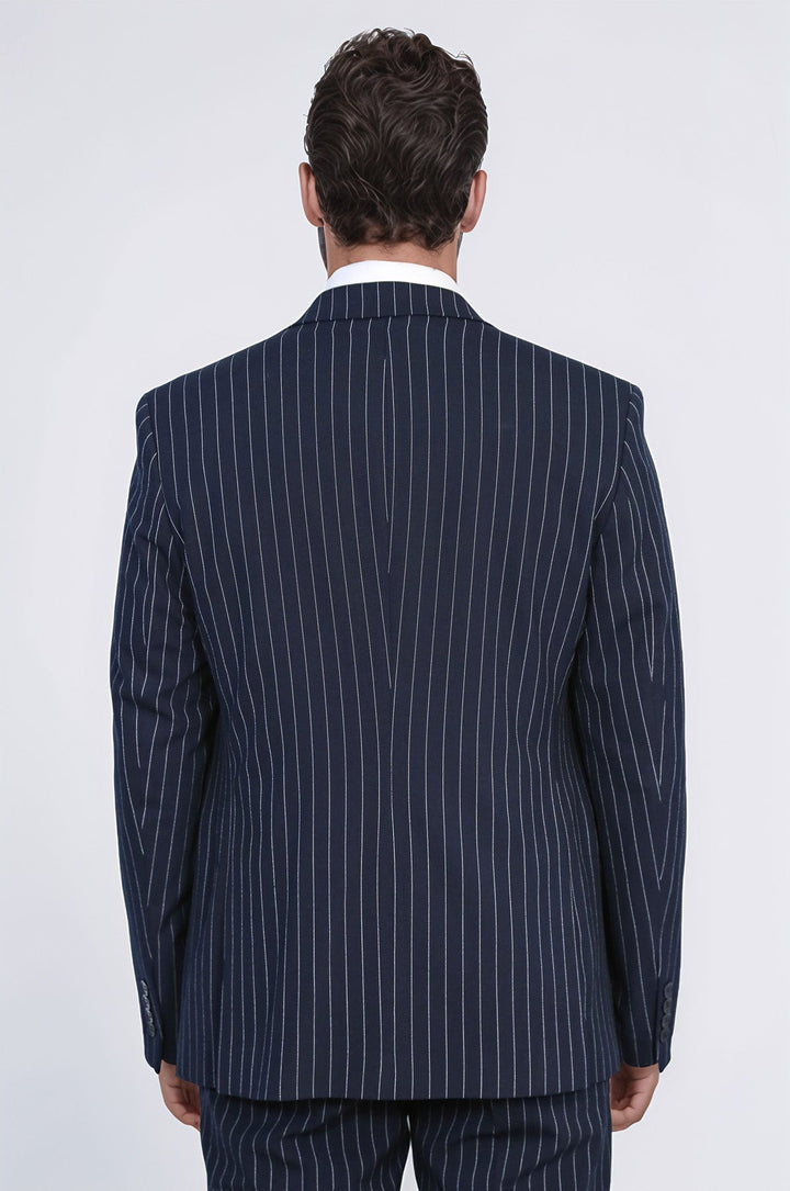WSS Striped Single Button with Vested Navy Blue Mens Suit  - Maricopa