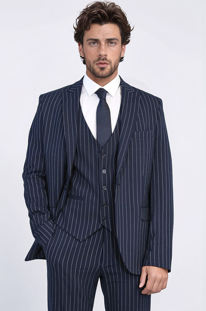 WSS Striped Single Button with Vested Navy Blue Mens Suit  - Maricopa