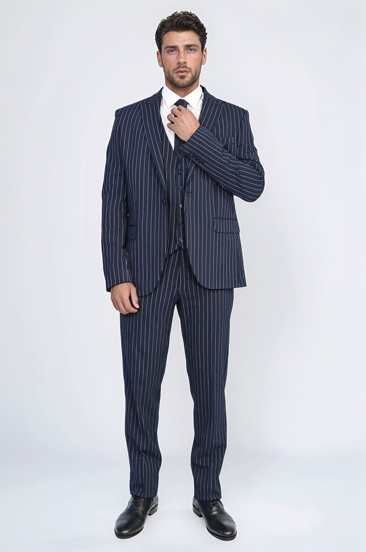 WSS Striped Single Button with Vested Navy Blue Mens Suit  - Maricopa