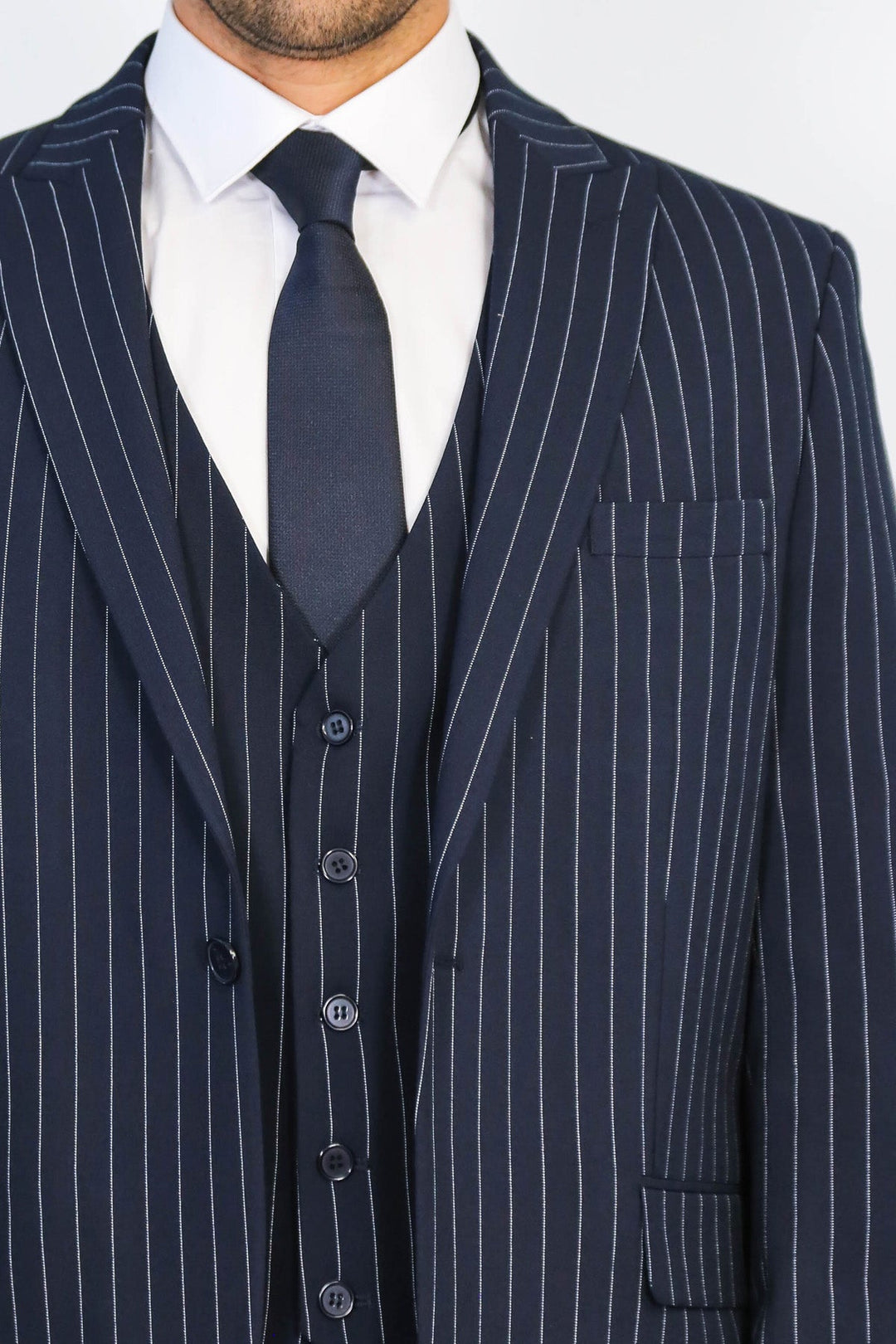 WSS Striped Single Button with Vested Navy Blue Mens Suit  - Maricopa