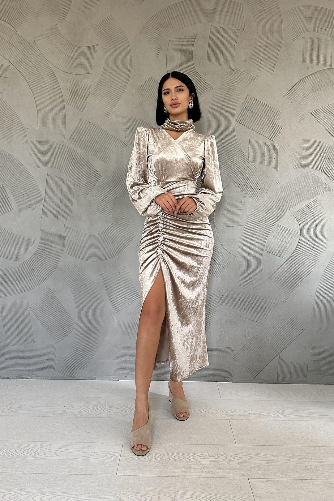 ELS Stone-embellished Ruched Dress - Beige - Waiblingen