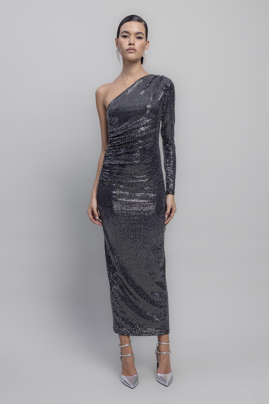 BSL Women One Shoulder Sequined Midi Dress - San Bartolomé