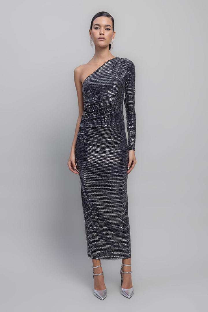 BSL Women One Shoulder Sequined Midi Dress - San Bartolomé