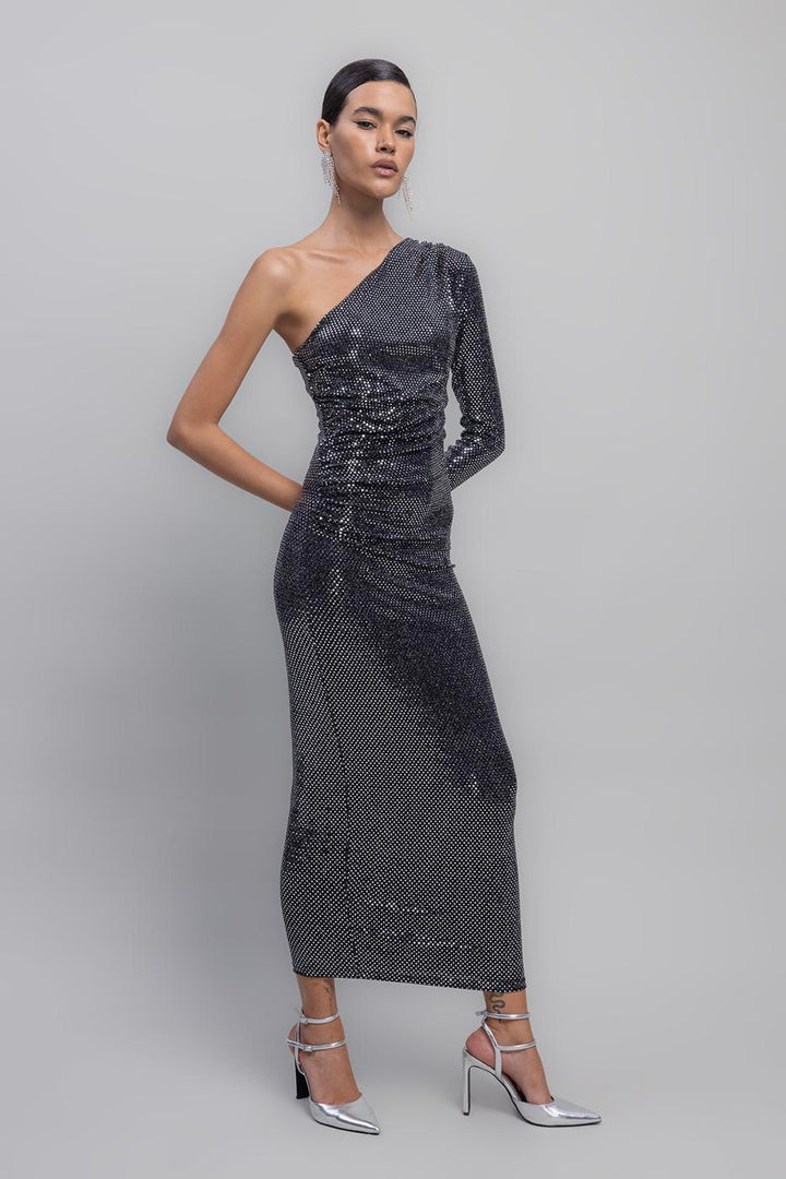 BSL Women One Shoulder Sequined Midi Dress - San Bartolomé