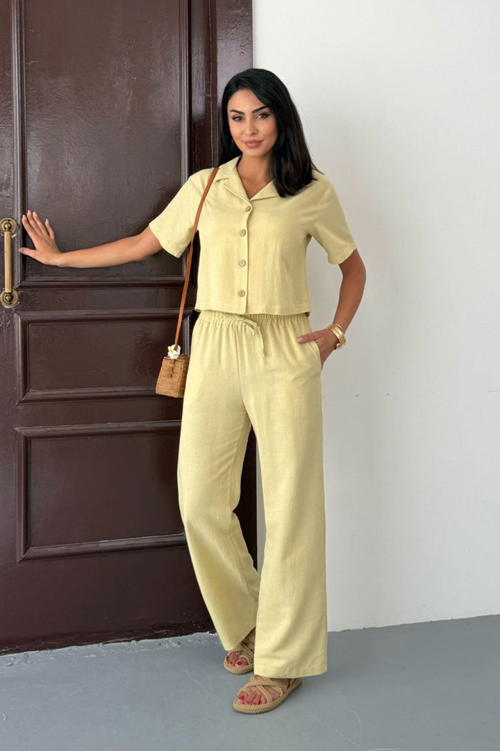 Butter Yellow High-Waisted Pants and Short-Sleeved Shirt Cotton Linen Set BCCM-253001 - Frankfurt