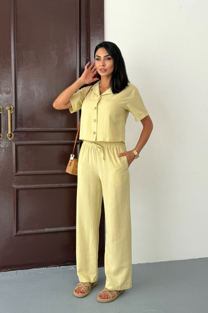 Butter Yellow High-Waisted Pants and Short-Sleeved Shirt Cotton Linen Set BCCM-253001 - Frankfurt