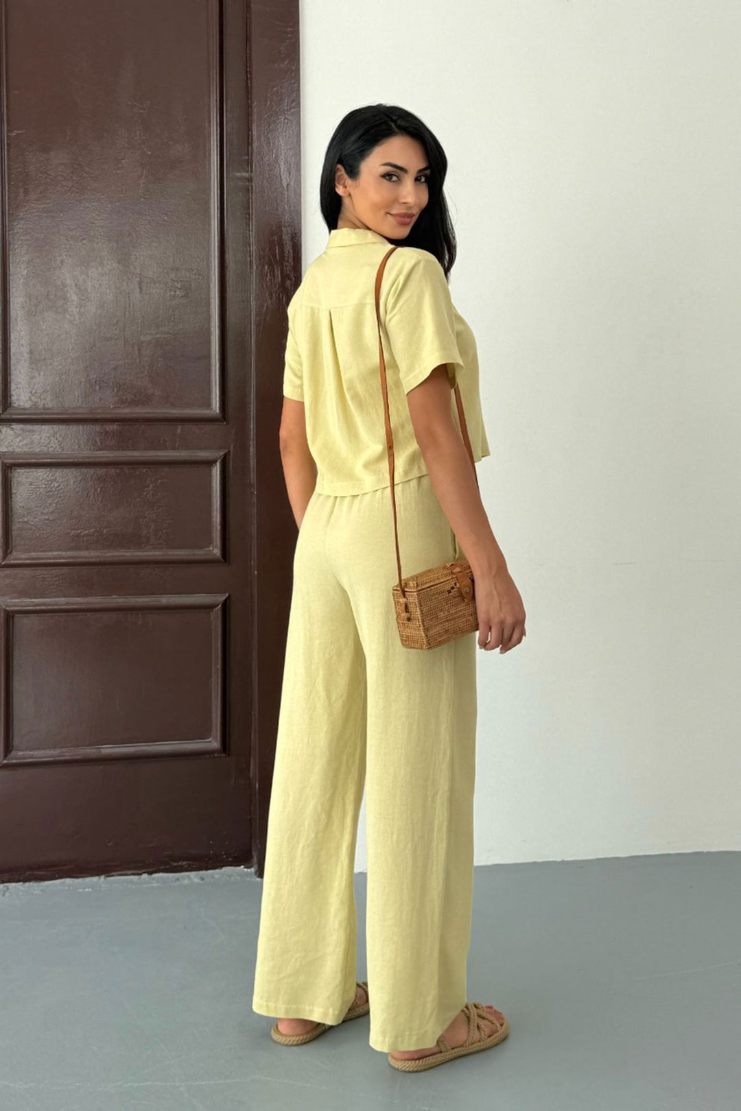 Butter Yellow High-Waisted Pants and Short-Sleeved Shirt Cotton Linen Set BCCM-253001 - Frankfurt