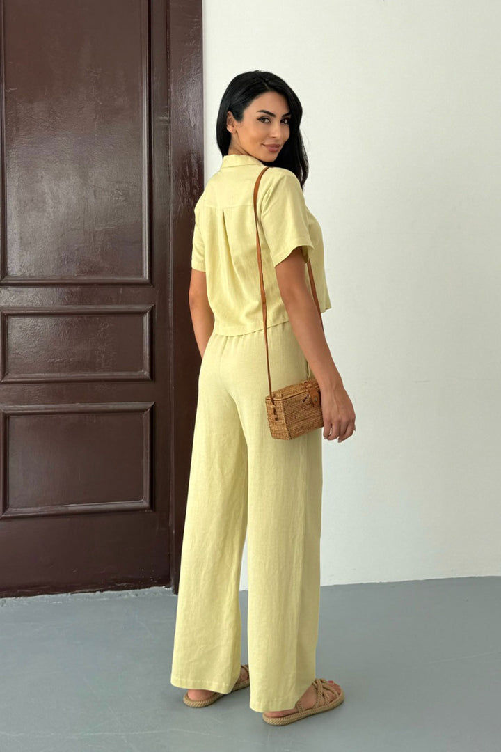Butter Yellow High-Waisted Pants and Short-Sleeved Shirt Cotton Linen Set BCCM-253001 - Frankfurt