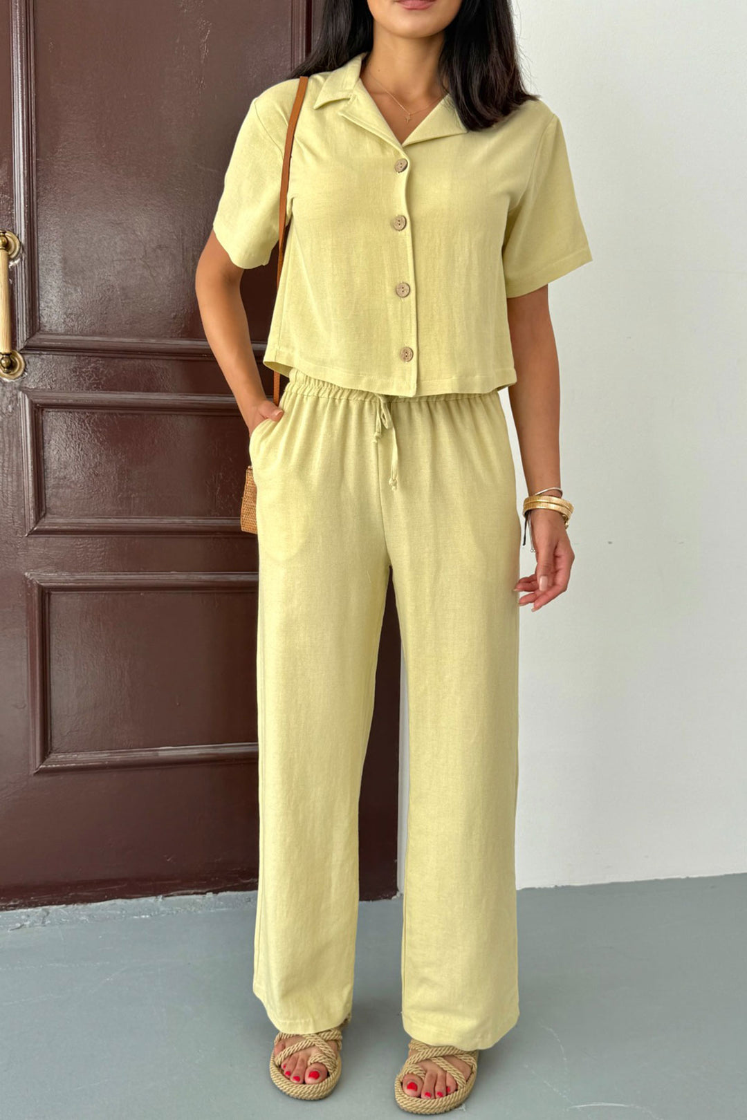 Butter Yellow High-Waisted Pants and Short-Sleeved Shirt Cotton Linen Set BCCM-253001 - Frankfurt