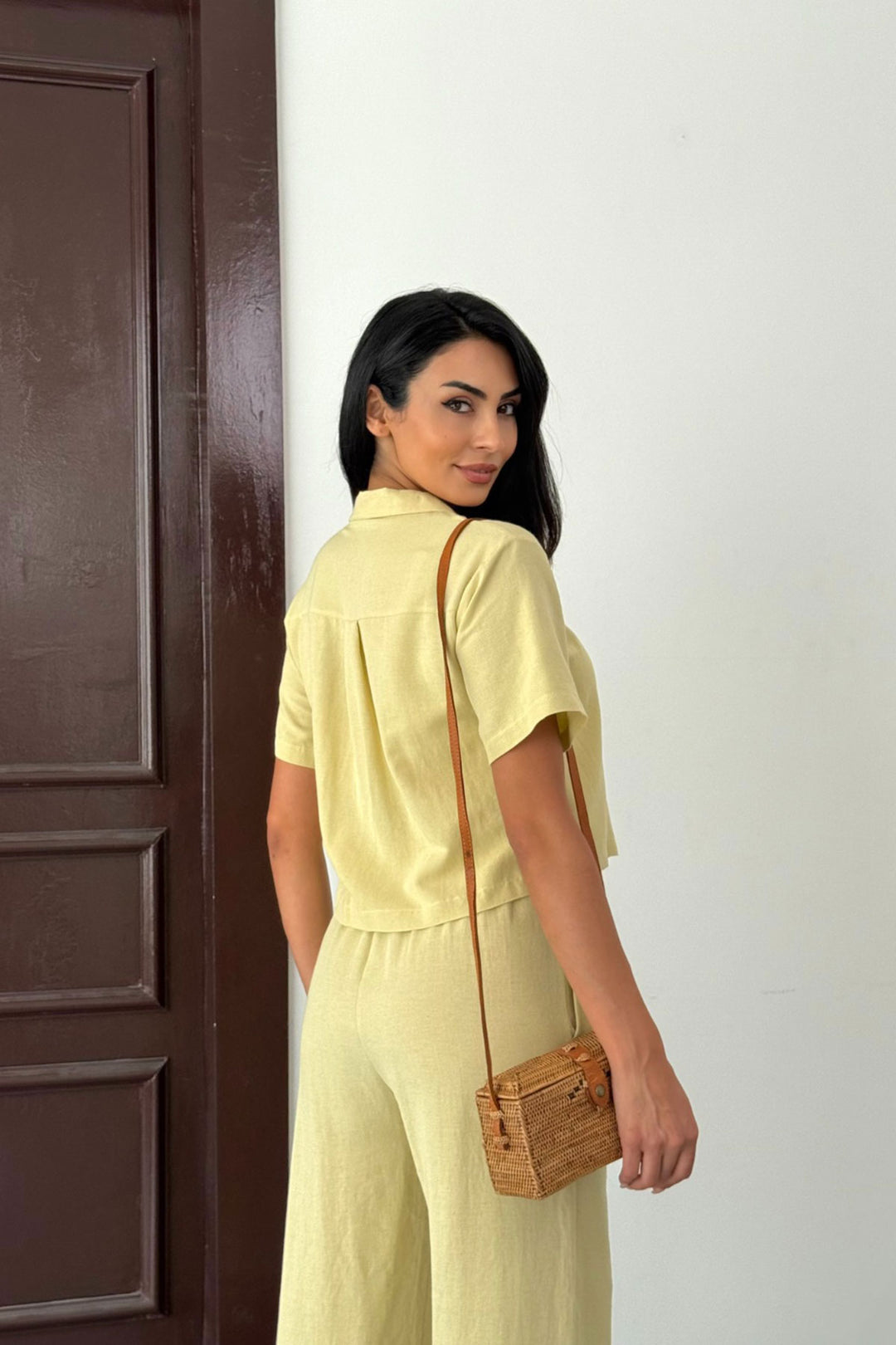 Butter Yellow High-Waisted Pants and Short-Sleeved Shirt Cotton Linen Set BCCM-253001 - Frankfurt