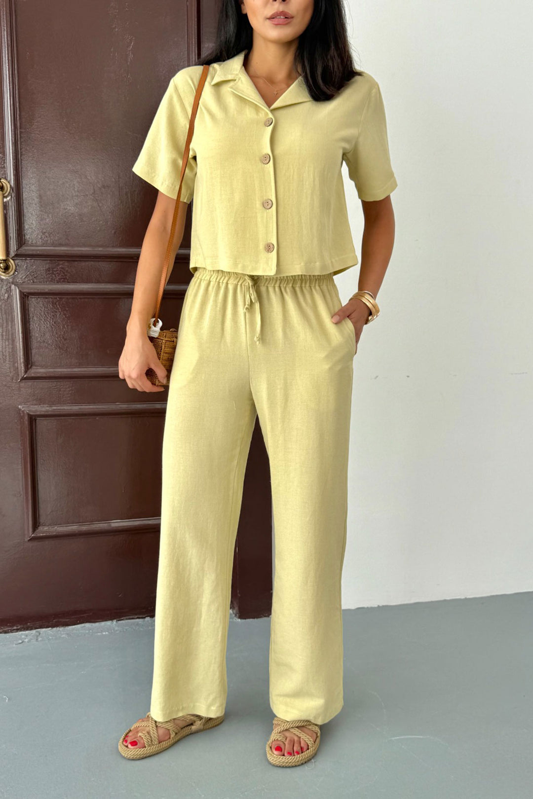 Butter Yellow High-Waisted Pants and Short-Sleeved Shirt Cotton Linen Set BCCM-253001 - Frankfurt