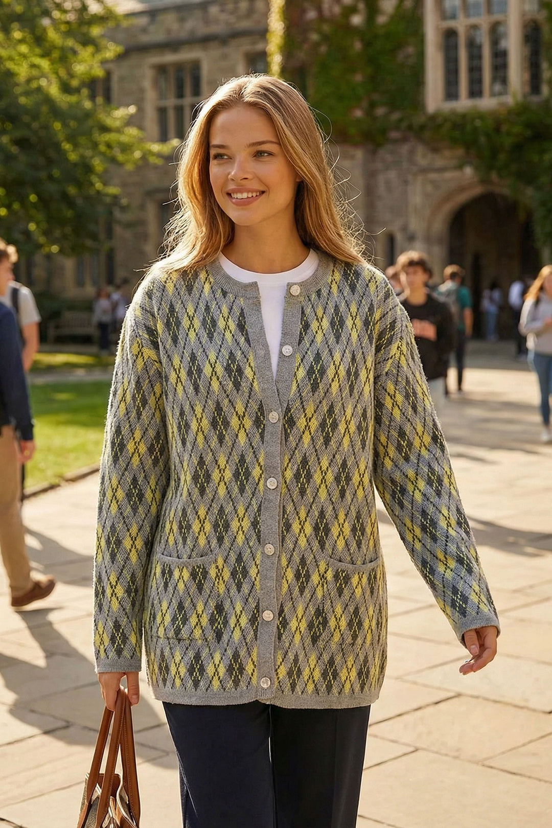 Butter Yellow Buttoned Pocket Knit Cardigan with Baklava Pattern - Quebec City