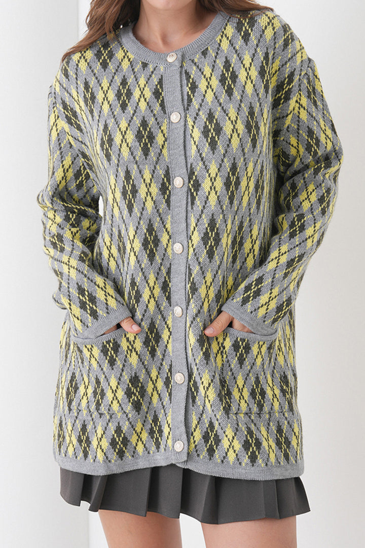 Butter Yellow Buttoned Pocket Knit Cardigan with Baklava Pattern - Vitrolles