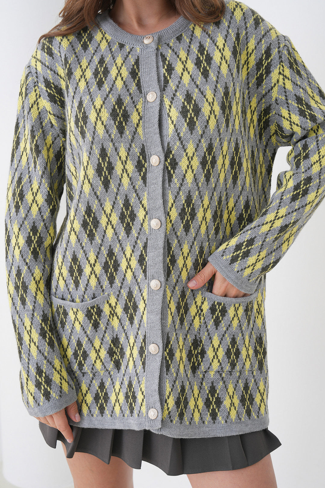 Butter Yellow Buttoned Pocket Knit Cardigan with Baklava Pattern - Quebec City