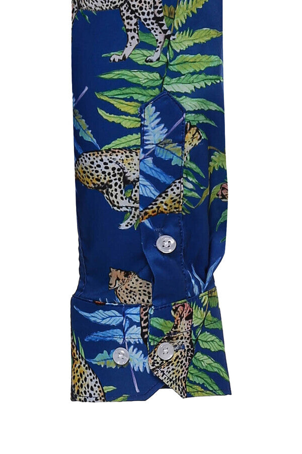 WSS Tiger And Leaf Patterned Long Sleeves Slim Fit Blue Men Shirt  - Gillingham