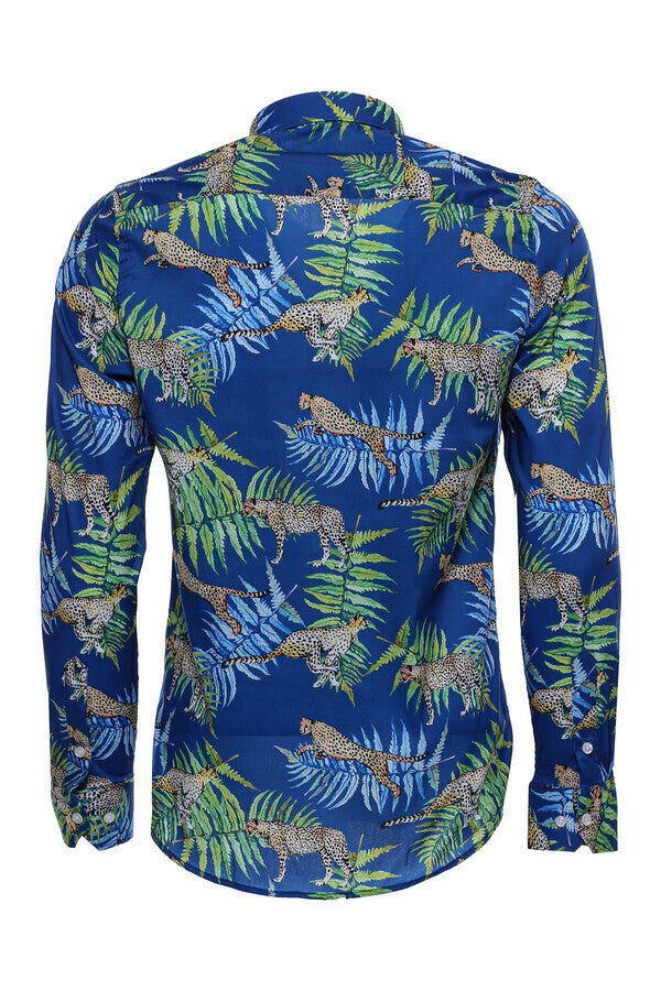 WSS Tiger And Leaf Patterned Long Sleeves Slim Fit Blue Men Shirt  - Gillingham