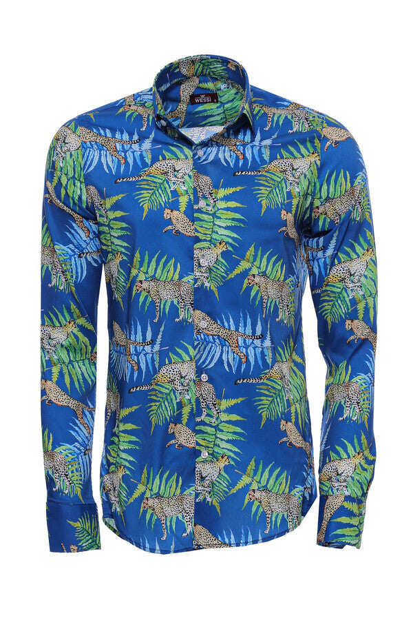 WSS Tiger And Leaf Patterned Long Sleeves Slim Fit Blue Men Shirt  - Gillingham
