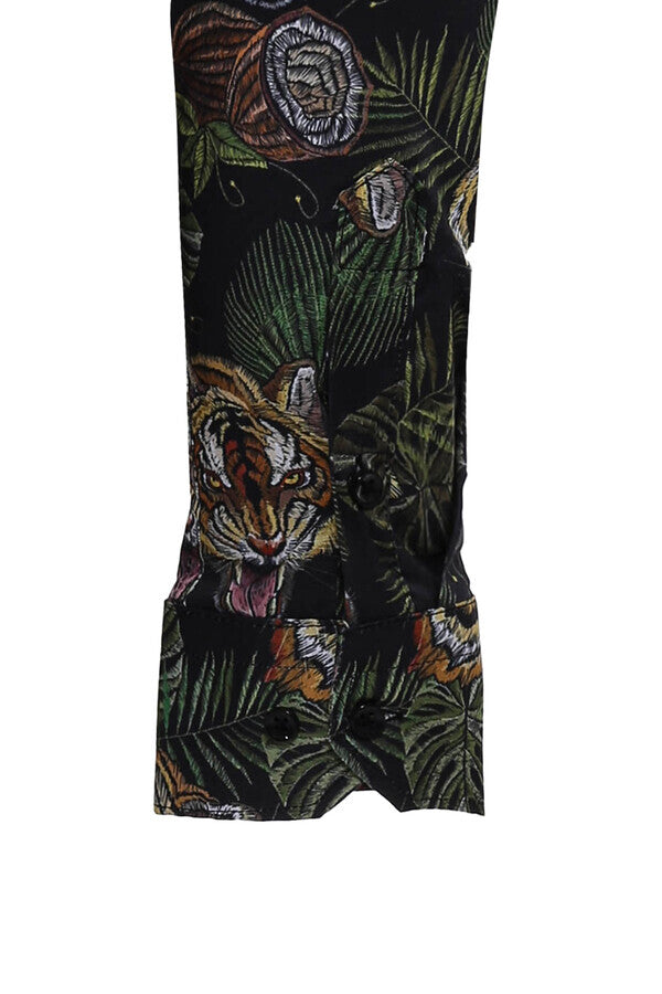 WSS Tiger Patterned Slim Fit Long Sleeves Black Men Shirt  - Sittard