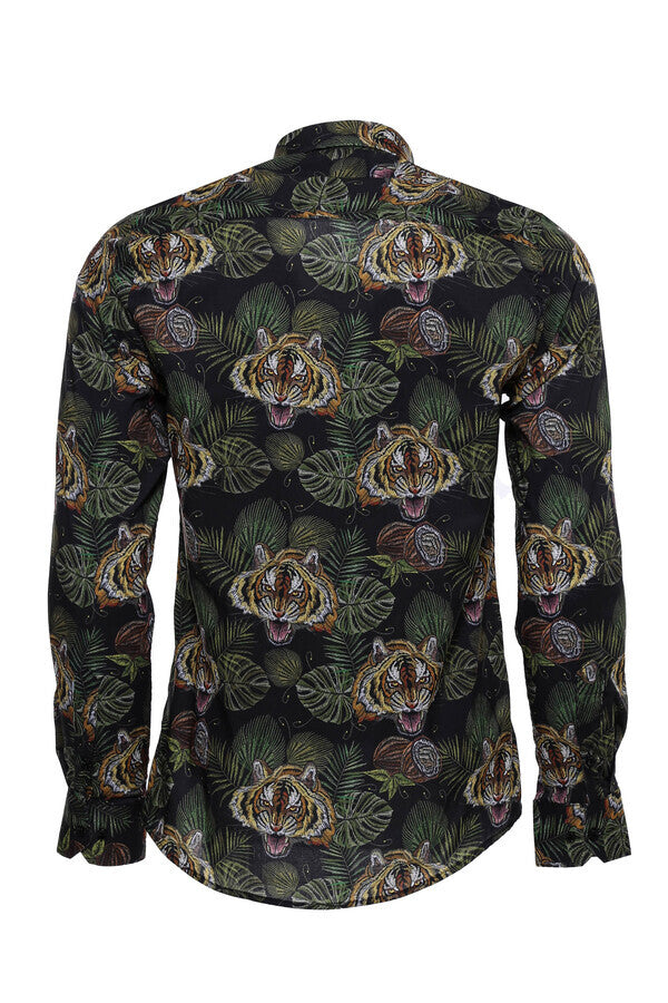 WSS Tiger Patterned Slim Fit Long Sleeves Black Men Shirt  - Sittard